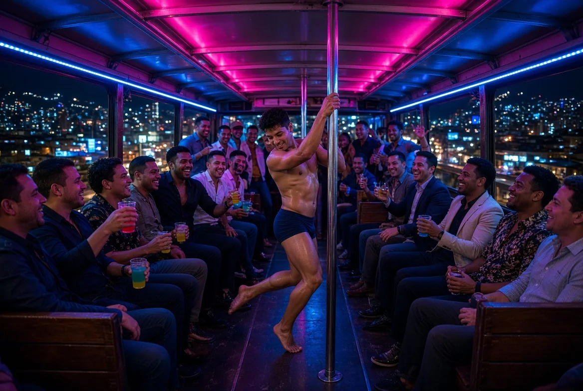 AI-generated illustration: a male entertainer performing for men on a Medellín chiva
