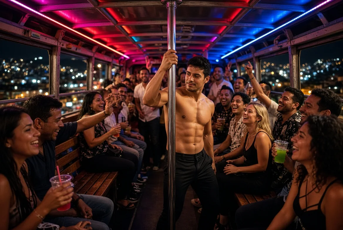 AI-generated illustration: adult male pole performer on a private party chiva with mixed adult guests