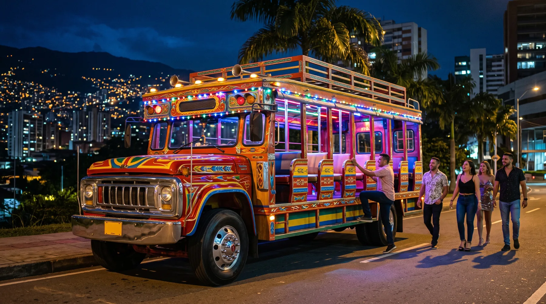 Traditional colorful Medellín chiva used as a nightlife party bus