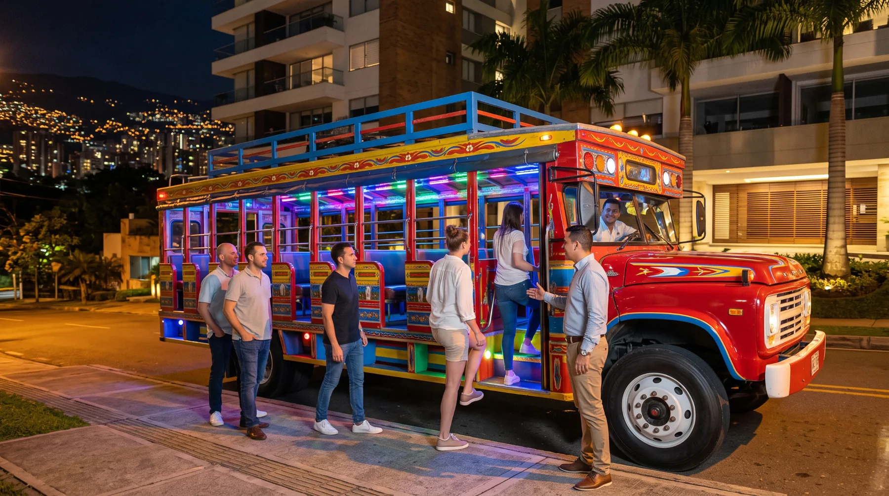 Private party guests boarding a Medellín chiva
